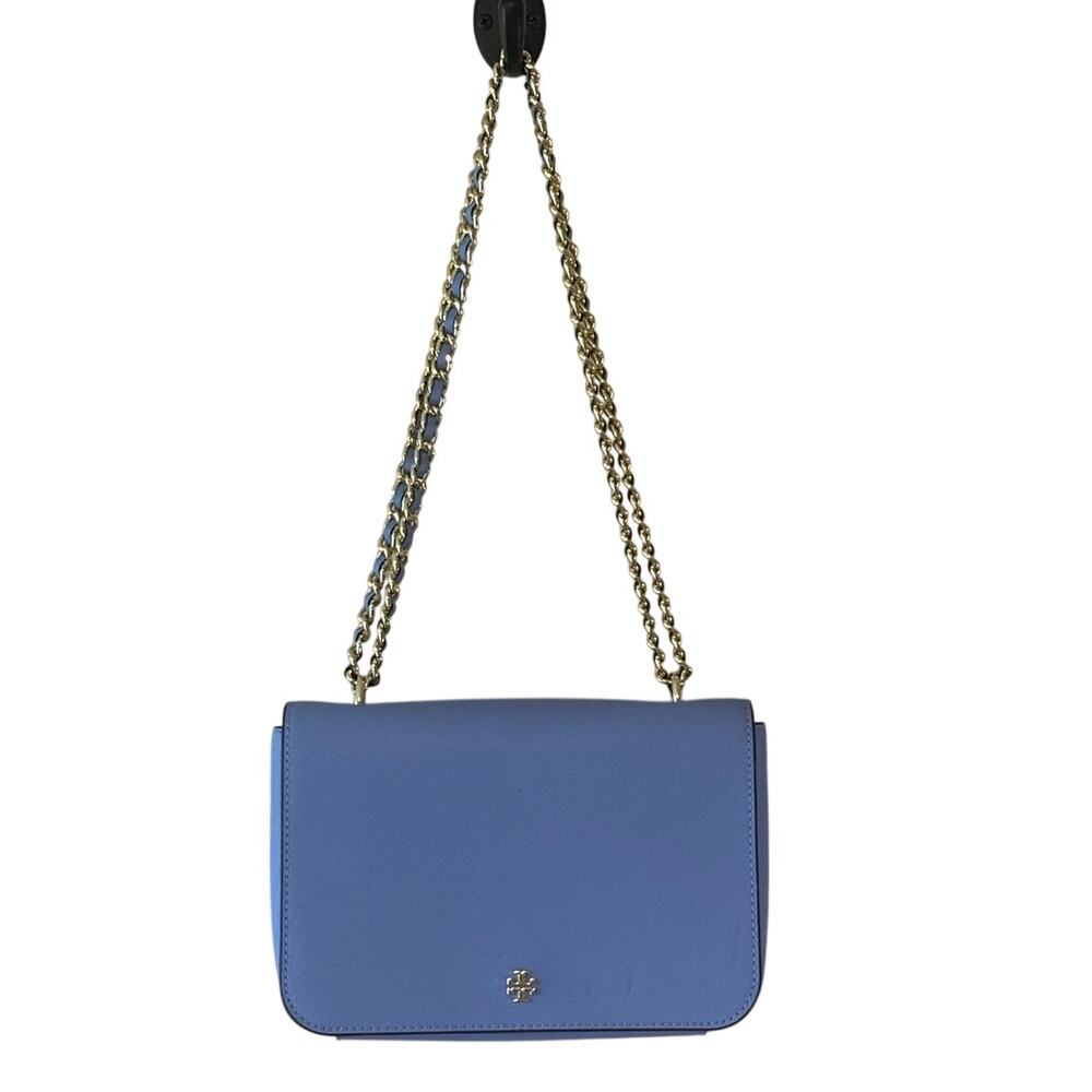 Tory Burch Emerson Flap Bag Blue Saffiano Chain Crossbody